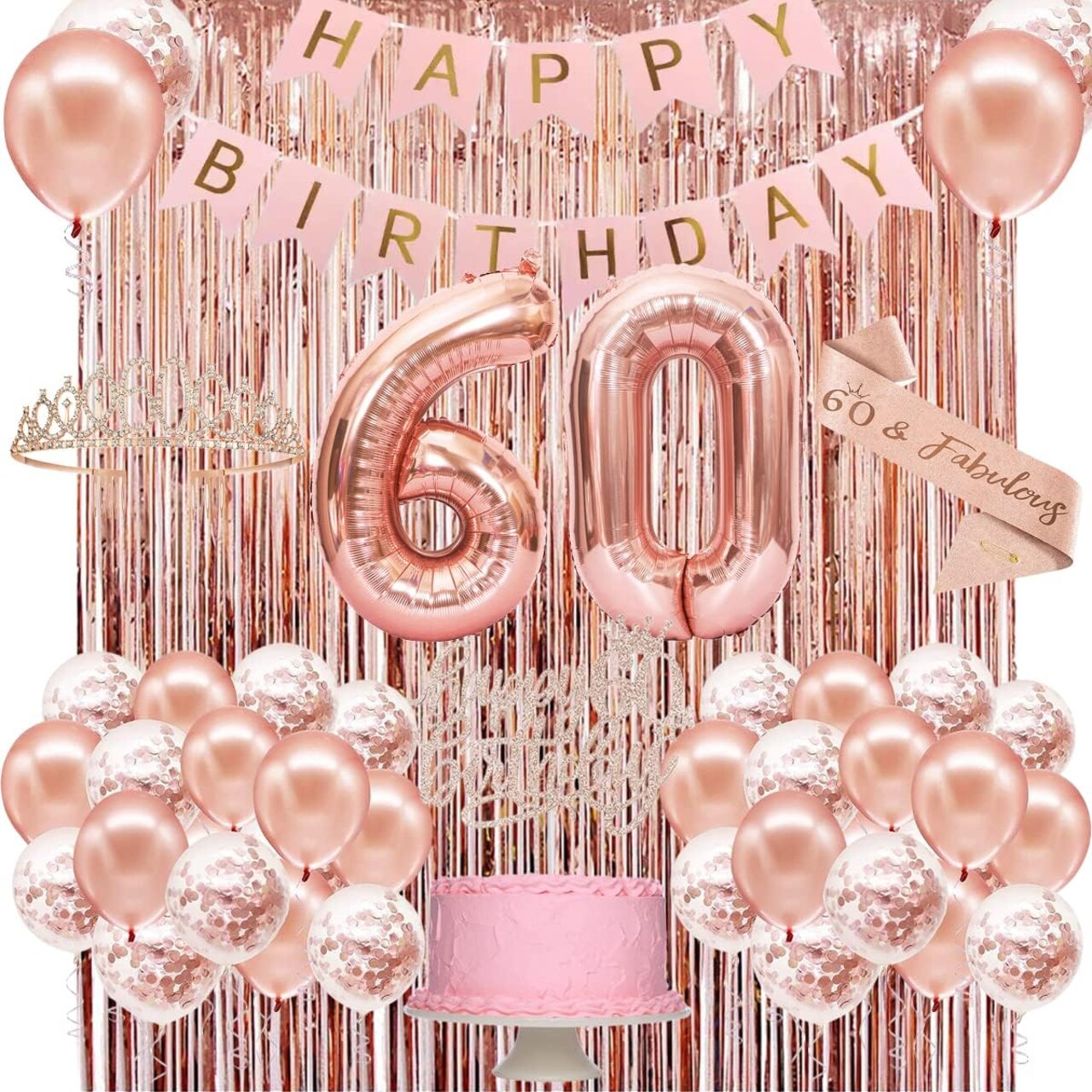 60th Birthday Decorations Women, Rose Gold 60 Birthday Party Decorations for Women, Happy 60th Birthday Banner, Crown, Sash, Cake Topper and Number Balloon, 60th Birthday Gifts for Women Decorations